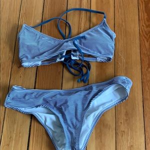 Blue and white striped women’s swim suit set